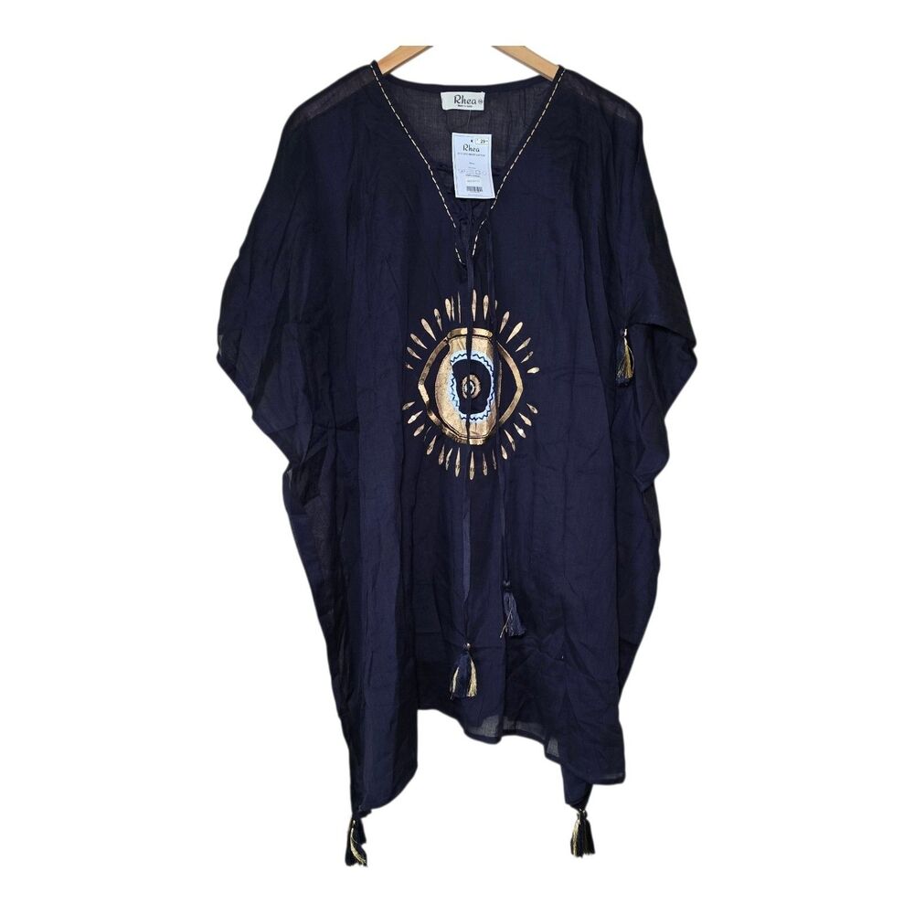 Rhea Evil Eye Brief Kaftan Beach Cover Up Navy Blue Gold Sequin Tassels O/S NWT